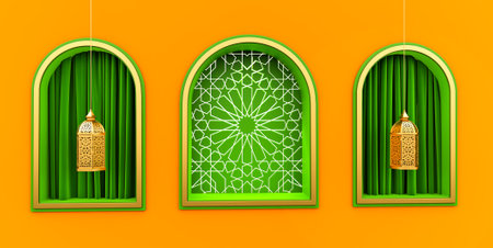 3D render of open red and green curtains background template. theater curtainの写真素材