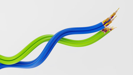 two flexible electric copper wires, closeup of electric cable, 3D renderの写真素材