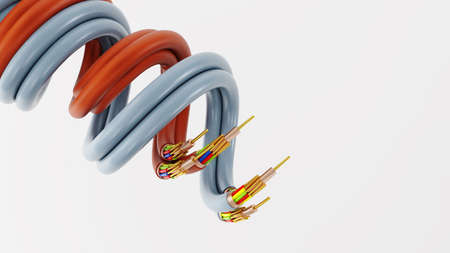 two flexible electric copper wires, closeup of electric cable, 3D render
