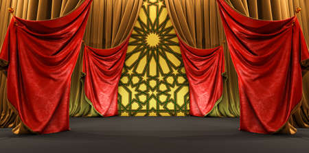 3d render of gold and red curtain with arabesque style, Arabic islam culture, moroccan cultureの写真素材