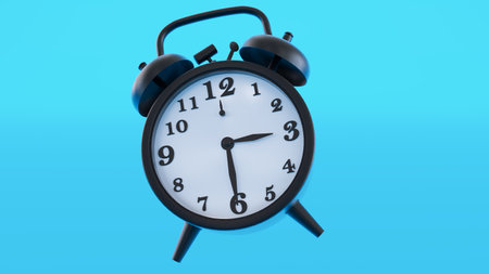 black vintage alarm clock isolated on blue background. 3d rendering
