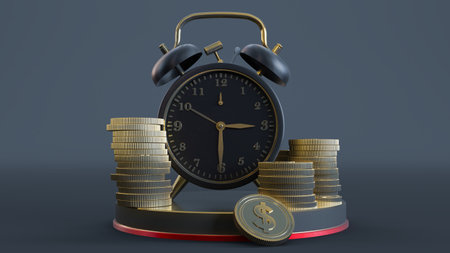 Gold old alarm clock and euro coins isolated on white background. time is gold concept; 3d rendering