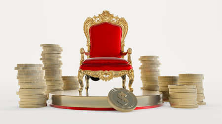 Golden dumbbell made of a dollar coin on a dark background, golden dollar dumbbell concept. Business...