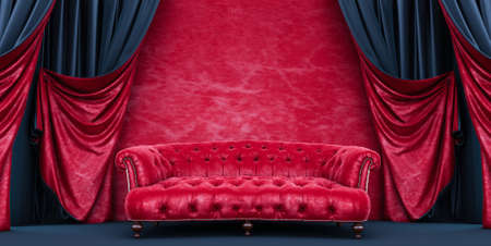 Modern red fabric sofa in red room interior. red sofa, 3d render