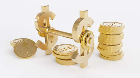 Golden dumbbell made of a dollar coin on a white background, golden dollar dumbbell concept....