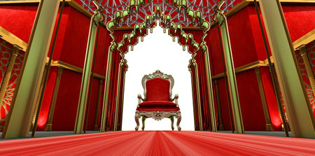 3D render of red king throne on a arabesque background, islamic architectureの写真素材