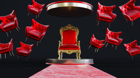 3D render of red king throne on a arabesque background, islamic architectureの写真素材