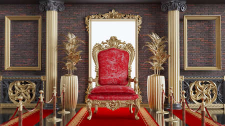 3D render of red king throne with red carpet and gold barriers, red throne on classic columns...