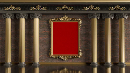 Ornate golden frame at the bricks wall, empty gold picture frame between roman columns, 3D render