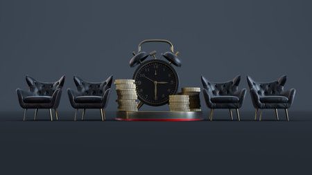 black vintage alarm clock with golden coins on Poduim between black armchair. 3d rendering