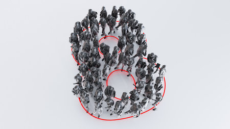 3d render of black people arranged in number 7, top view, Number seven,
