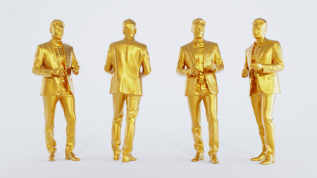 3d render of golden statue of businessman isolated on white background.の写真素材