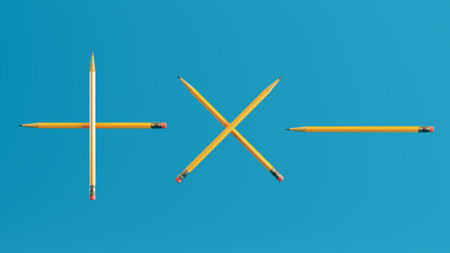 yellow pencil on blue colored background, plus, minus, multiply, 3d renderの写真素材
