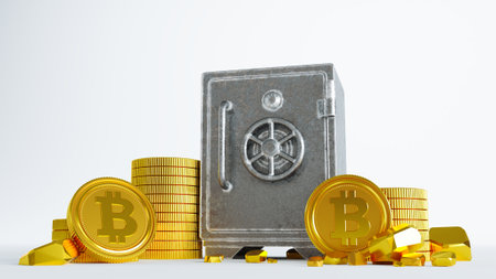 3d render of closed metallic safe box with golden bitcoin on white background.の写真素材