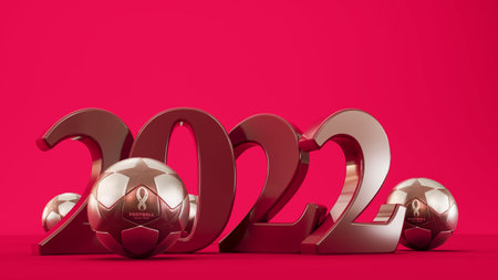 Casablanca, morocco, october 21, 2022, Soccer ball with qatar 2022 logo and qatar flag on white background. 2022 world cupのeditorial素材