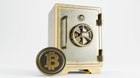 closed golden safe box with golden bit-coin isolated on white background. 3d renderingの写真素材