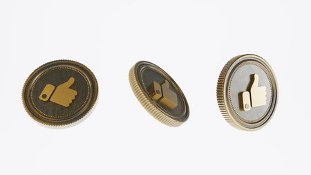 3d render of Golden like coins isolated on white background, like coinsの写真素材