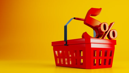 3D render of red supermarket basket with red fifteen percent offer on colored backgroundの写真素材