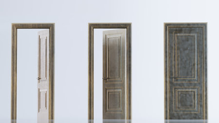 set of Opened and closed realistic metallic door. 3d renderingの写真素材
