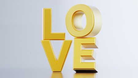 3d render of golden love word isolated on white backgroundの写真素材