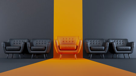 outstanding yellow sofa among black sofa on dark wall background.の写真素材