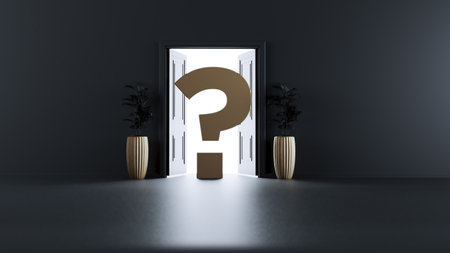 3d render of open door with golden question mark,の写真素材