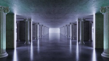 3D render of Concrete Underground Tunnel with ancient columns, abstract Concrete tunnel background...