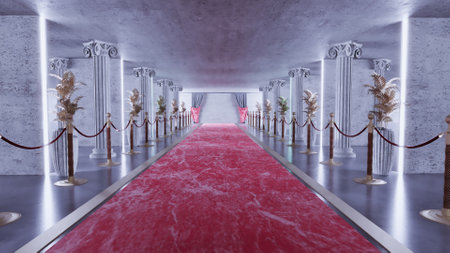 3D render of Concrete Tunne with red carpet and barriers , abstract Concrete tunnel background geometric, Futuristic interior architectureの写真素材