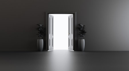 3D render of black open door, future and welcome concept, Dark Room, Light Coming In Through an Open Door,の写真素材