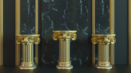 Exhibition stand, golden podium cosmetic background for branding and product presentation, 3D renderの写真素材