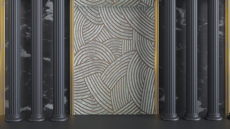 3D render of Vintage background with classical columns, golden baroque frame,
