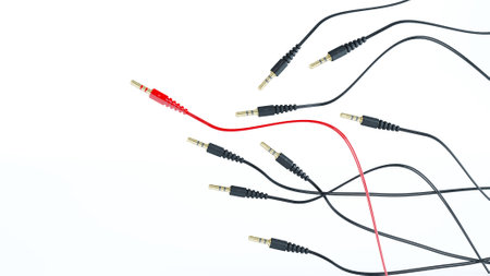 3d render of red and black Audio cable isolated on white backgroundの写真素材