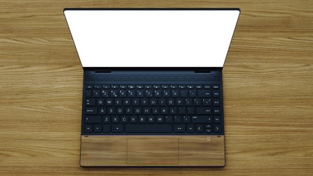 3D render of Realistic laptop isolated on wooden background.の写真素材