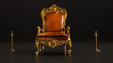 3d render of old king armchair with golden barriers on black background, king throne