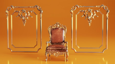 majestic king armchair with golden frame on colored background, king throne, 3D renderの写真素材