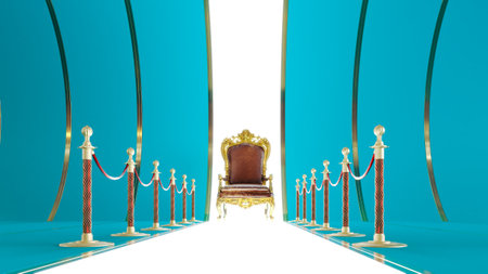 3d render of golden Barrier Rope leading to a red king throne on a colored background