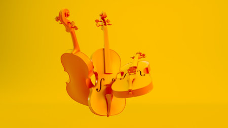classic yellow violins isolated on colored background, 3D renderの写真素材