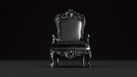 3d render of black king armchair on dark background, king throneの写真素材