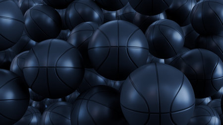 3D render of hundreds of basketballs, Many black basketball balls lying in a pile.の写真素材