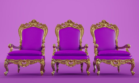 3D render of Classic armchair in purple and gold isolated on colored background. Luxurious three armchairの写真素材