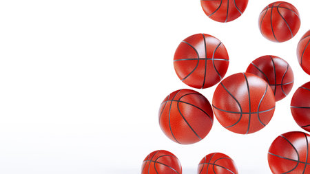 Falling realistic basketballs isolated on white background, Basketball. 3d render.の写真素材
