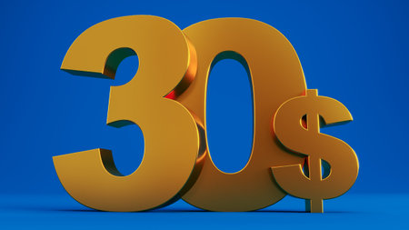 golden thirty dollars isolated on colored blue background, 3d renderの写真素材