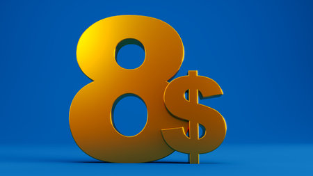 golden eight dollars isolated on colored blue background, 3d renderの写真素材