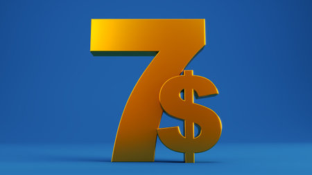 golden five dollars isolated on colored blue background, 3d renderの写真素材