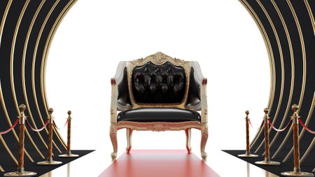 3D render of red carpet barriers leading to a gold and black armchair, vip concept