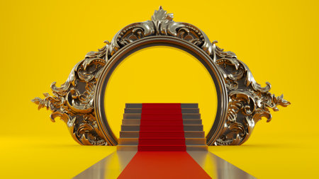 3D render of red carpet with staires in the end leading to golden frame on colored backgroundの写真素材