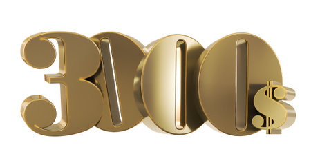3D render of gold 3000 dollars isolated on white background, golden three thousand dollarsの写真素材