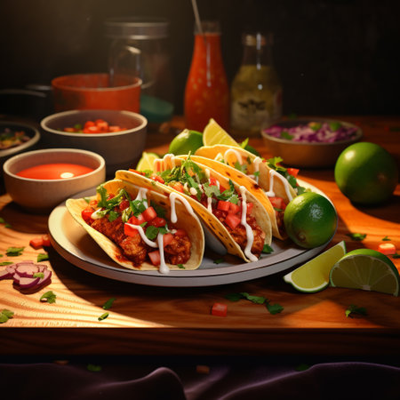 Mexican tacos with meat, Mexican tacos with meat and vegetables on wooden table,の素材