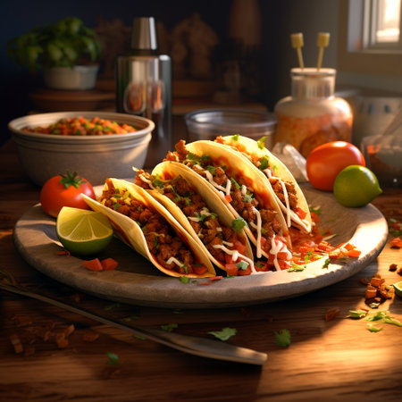 Mexican tacos with meat, Mexican tacos with meat and vegetables on wooden table,の素材