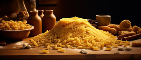 Raw spaghetti pasta on a wooden table, Various kinds of uncooked pasta,の素材